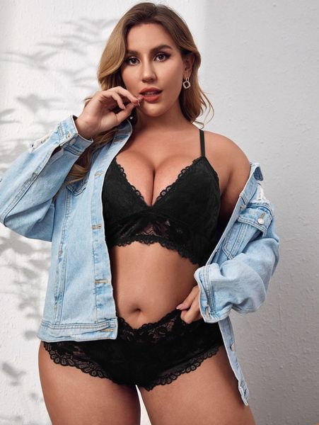 

plus floral lace lingerie set w8si#, Black;white