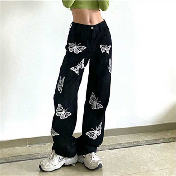 

women's jeans baggy black woman high waist 2021 butterfly print slim fit long pants loose wide leg streetwear denim trousers style, Blue