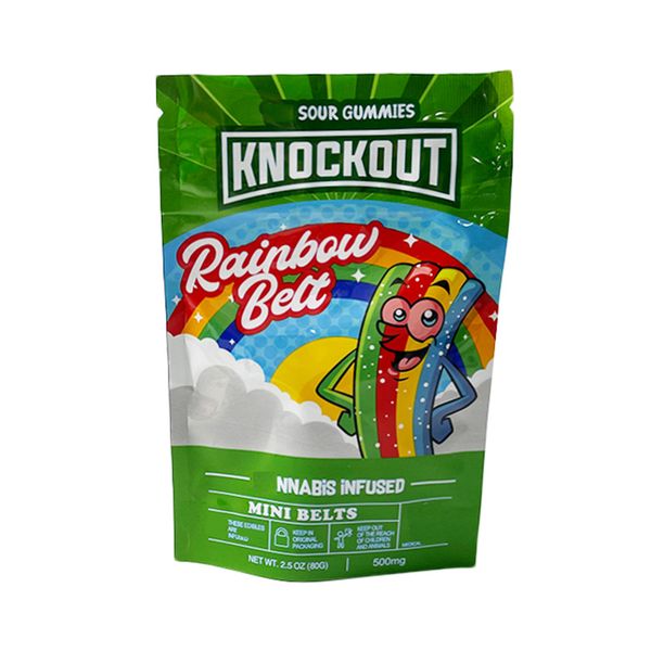 

mylar bags gummies edible packaging knockout infused sour gummy bites rainbow belt bilts chamoy 500mg candy packing child