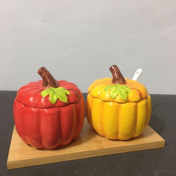 

storage bottles & jars 1pc ceramics spice jar pumpkin type salt sugar container with spoon pepper organizer kitchen tools