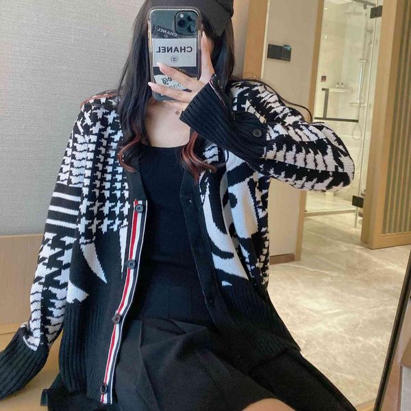 

black white thous bird lattice pony jacquard tb knitted cardigan women's v-neck sweater coat spring 2021 new autumn and, White;black