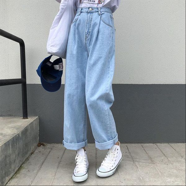 

spring summer loose chic womens jeans high waist straight denim trousers streetwear casual plus size wide leg pants, Blue