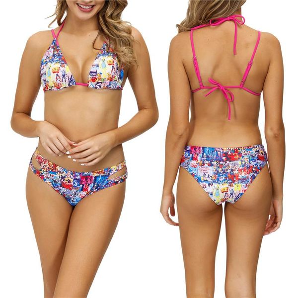 

women's swimwear women printed split swimsuit set v-neck bikini+elastic waist panties+see-through mesh cover ups, White;black