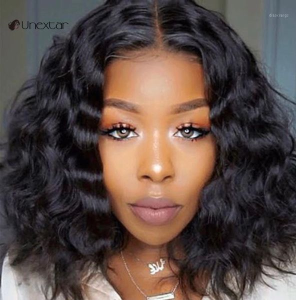 

unextarhair short bob wig lace front human hair wigs 13x4 brazilian wavy glueless frontal for women1, Black;brown