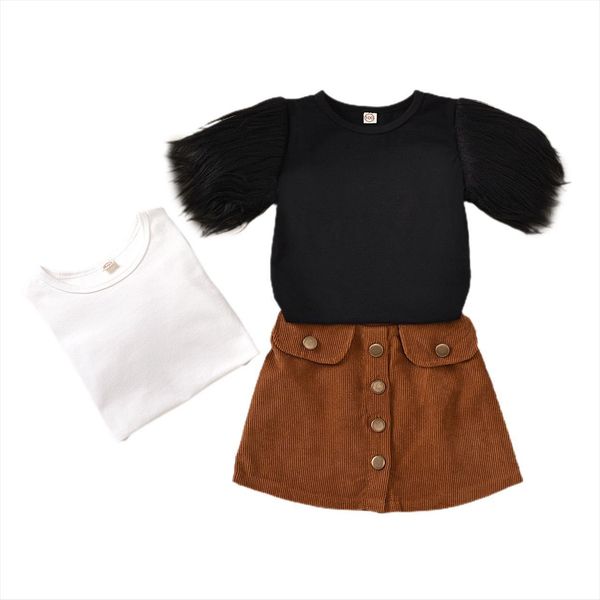 

toddler kid girls 2pcs fashion outfits, feather sleeve round neck brown buttons skirt clothes sets, White