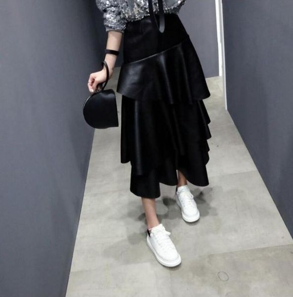 

skirts spring autumn high waist fashion irregular pu leather solid color multilayer cake long skirt women streetwear s453, Black