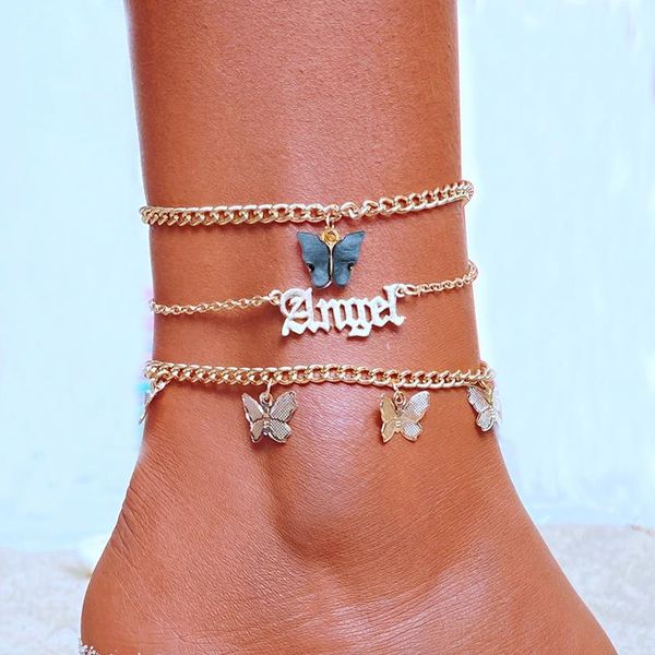 

anklets fashion pink butterfly set for women cute gold letter angel chain anklet foot ankle bracelet summer beach jewelry, Red;blue