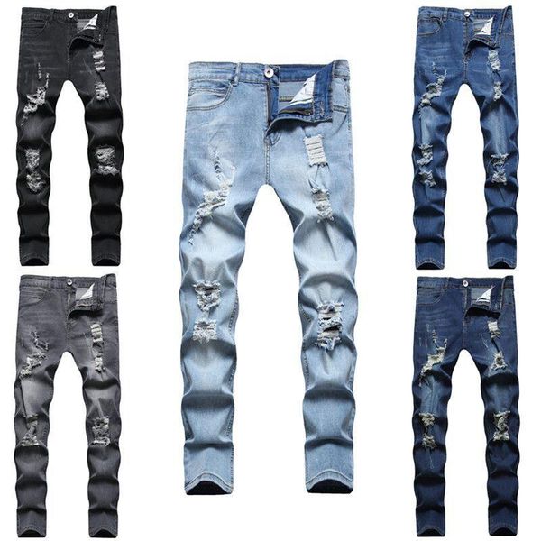 

men's jeans 5 styles men straight high stretch holes scratches ripped folds skinny washed retro destroyed hole slim denim hip hop punk, Blue
