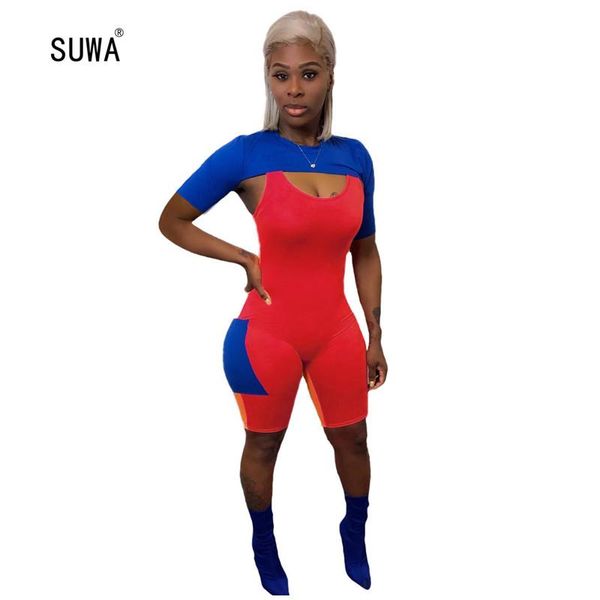 

contrast color patchwork two piece set women suit casual femme o neck short sleeve tee and skinny playsuit tracksuit women's tracksuits, Gray