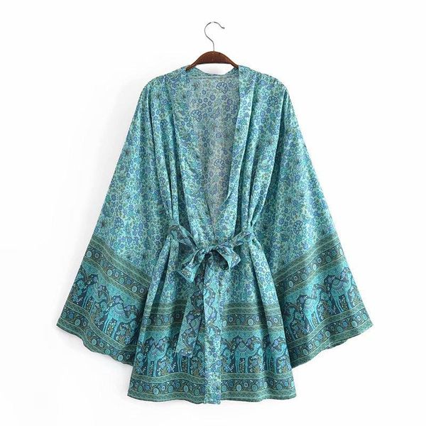 

women's swimwear green floral print short robes beach cover ups bohemian kimonos women animal camel kimono blusas, White;black