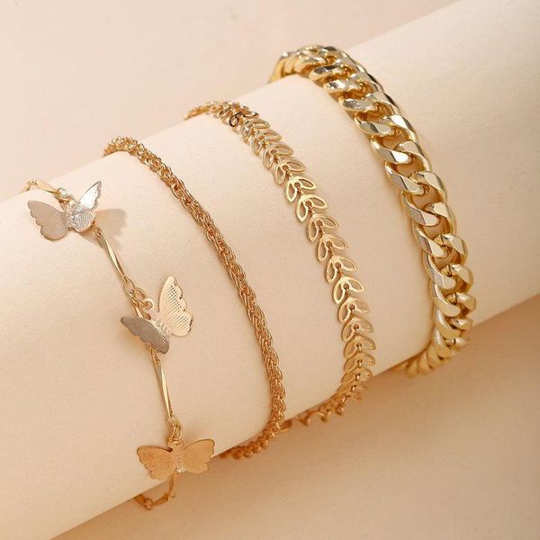 

link, chain 2021 bohemian 4pcs open bracelets bangles set gold butterfly leaf crystal punk jewelry accessories gift for women wholesale, Black