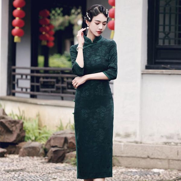 

ethnic clothing mandarin collar chinese style cheongsam women print flower sheath qipao velour evening party dress gown vintage vestido, Red