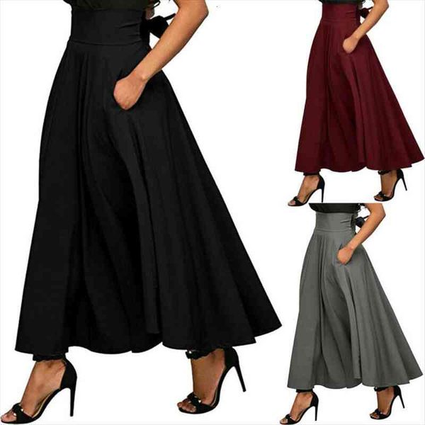 

fashion trend high waist flared women skirts swing pleated long strappy maxi skirt casual spring loose simple buttoms, Black