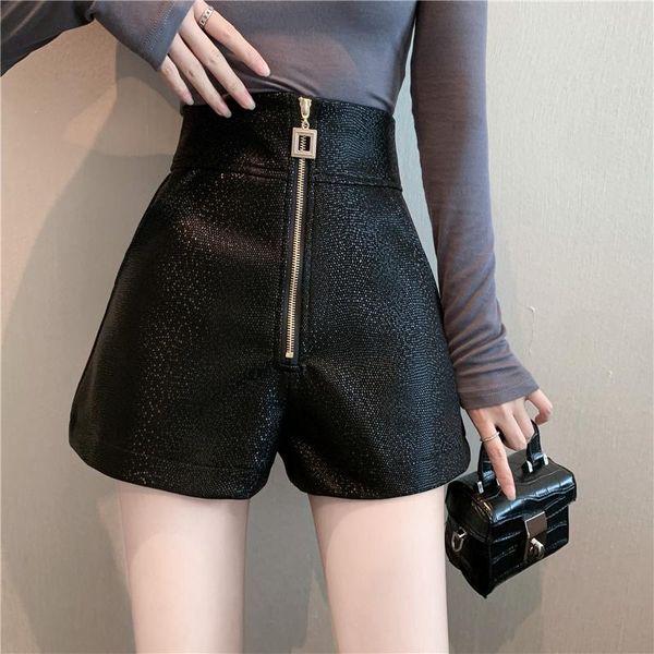 

women's shorts 2021 autumn and winter high-waisted thin versatile pu leather design sense niche casual wide-leg dk666, White;black