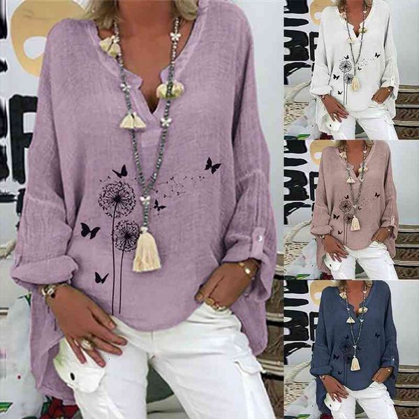 

blouse women autumn long sleeve butterfly dandelion print loose blouse shirt tunic womens clothing, White