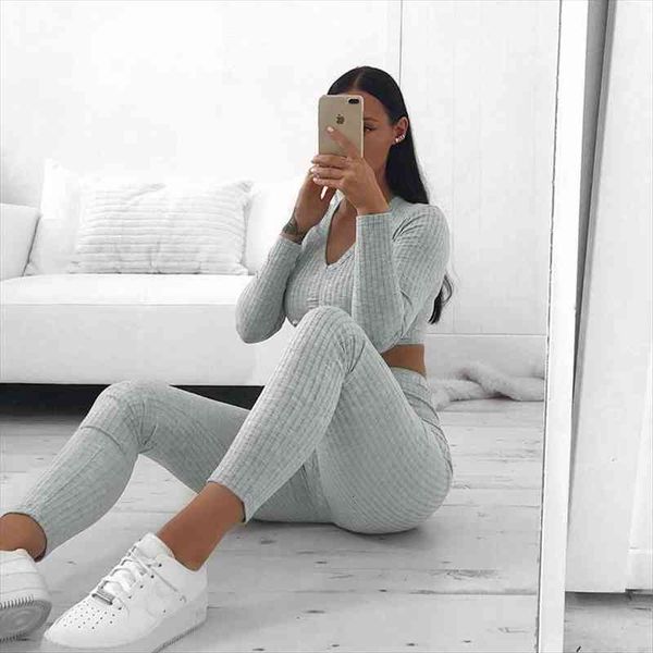 

knit rib grey tracksuit womens pants drawstring v neck long sleeve crop and leggings solid elastic fashion streetwear, White