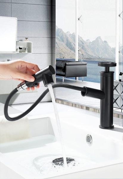 

black brass pull out bathroom sink faucet copper cold water basin mixer with two functions spray jet faucets