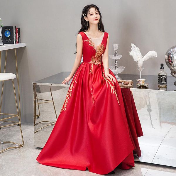 

burgundy vintage evening party dress female temperament banquet gown xxxl sweet bow trim elegant floor-length pleated dresses, Red