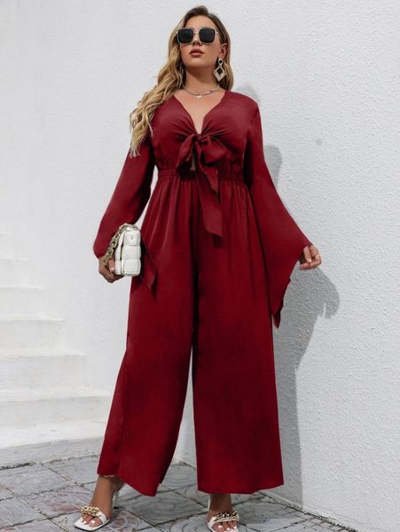 

plus knot front trumpet sleeve wide leg jumpsuit m96c#, Black