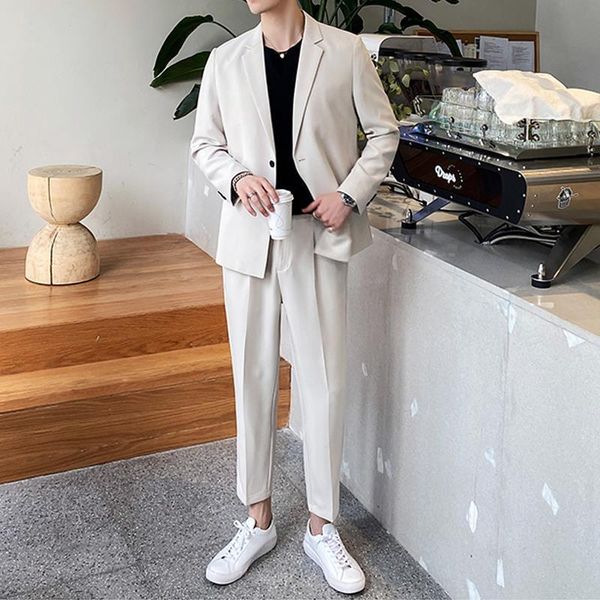

men's tracksuits 2021 spring suits korean fashion slim single button blazer + straight suit pants casual loose two pieces sets w367, Gray