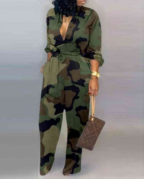 

camouflage print long sleeve button jumpsuit military straight sashes romper casual overalls, Black;white
