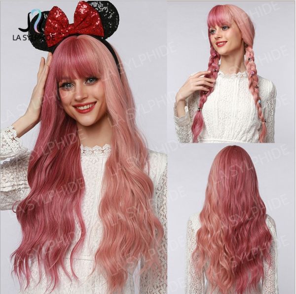 

synthetic wigs pink red long curly brand air bangs, Black