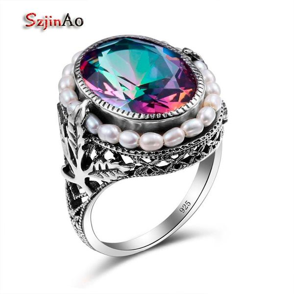 

cluster rings szjinao rose pearl jewelry mystic rainbow z women ring vintage silver 925 christmas gift bijoux, Golden;silver