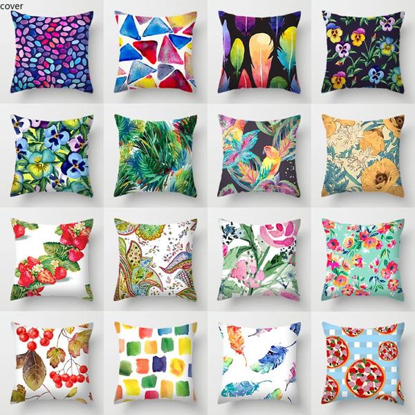 

cushion/decorative pillow single-sided printing polyester cushion cover flowers rainbow tropical plants parrot bird feather decorative green