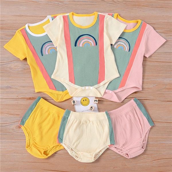 

0-24m born baby boy girl short sleeve rainbow bodysuit shorts bloomers 2pcs outfits summer clothes set clothing sets, White