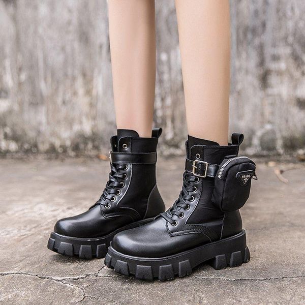 

boots winter shoes motorcycle ankle wallet combat for women platform leather block heel ladies thigh high flat, Black