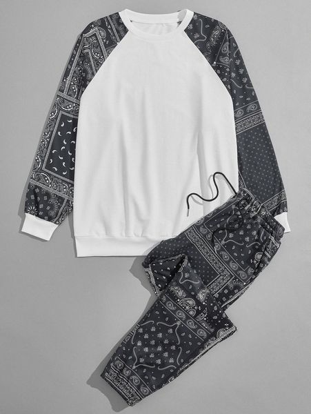 

men scarf & paisley pullover & drawstring carrot pants o93o#, Gray