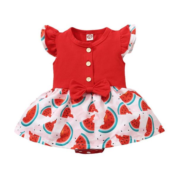 

girl's dresses born summer romper dress baby girls watermelon print sleeve round neck button with bowknot, Red;yellow