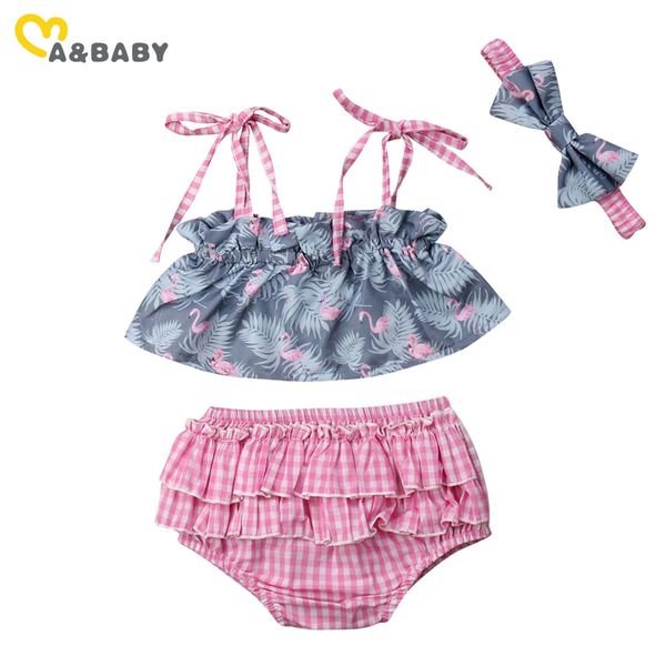 0-24M Sommer geboren Säugling Baby Mädchen Kleidung Set Flamingo Rüschen Schleife Tops Plaid Röcke Outfits Kleinkind Kostüme 210515