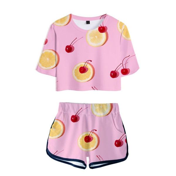 

women's shorts creative personality polyester 3d printing fruit summer vacation beach color midriff-baring short sleeves suit for women, White;black