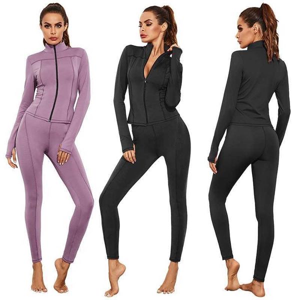 

autumn and winter stand collar tights yoga clothes two piece zipper casual sports women's wear, Black