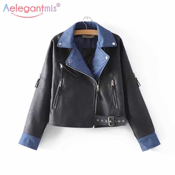 

aelegantmis pu leather jacket women fashion loose faux biker black soft ladies zipper basic coat 210607