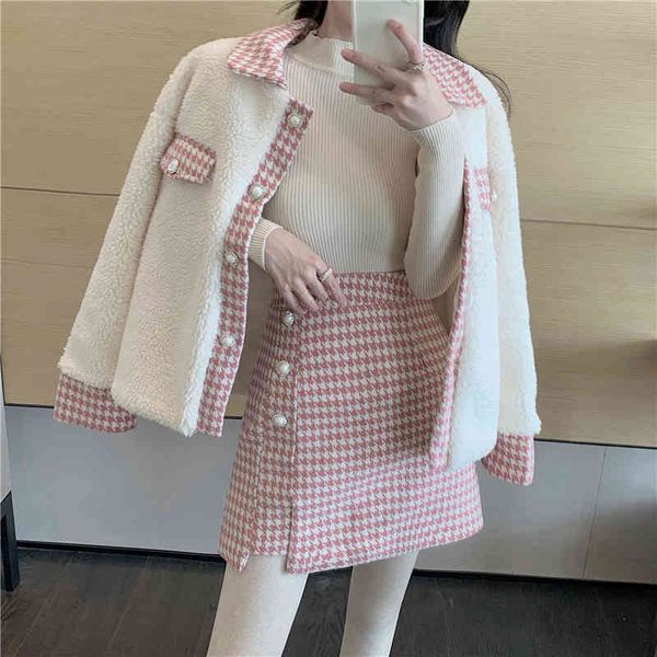 

female winter sweet two elegant ensemble plaid slivers of wool teddy jacket and bodycon mini skirt short suit 6qa0, Black