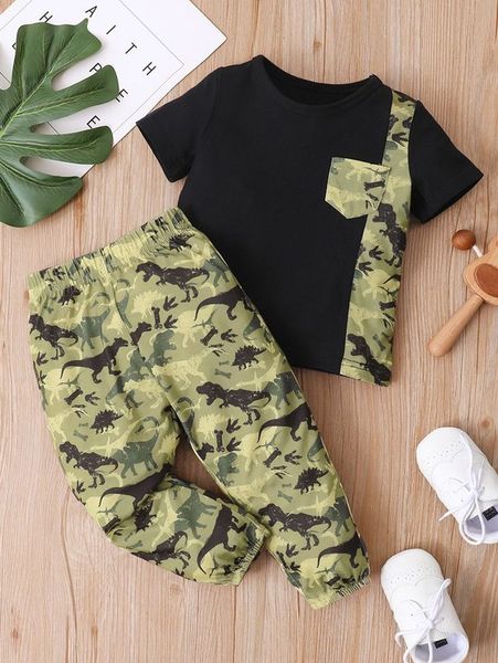 

baby dinosaur print tee & pants she, White