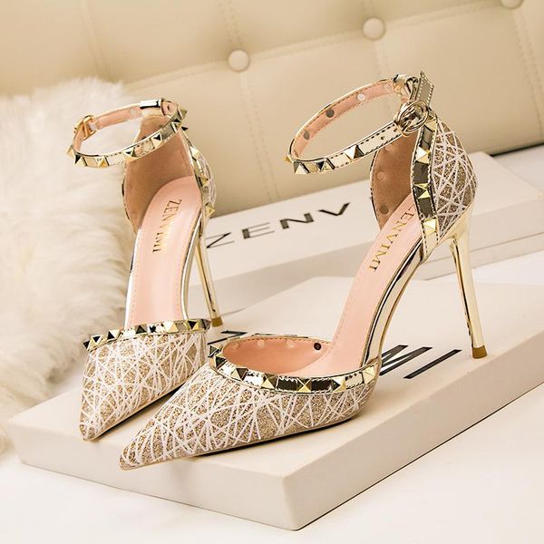 

europe and america-slimming thin heeled nightclub women's shoes high-heel shallow pointed-toe hollow out rivet sandals, Black