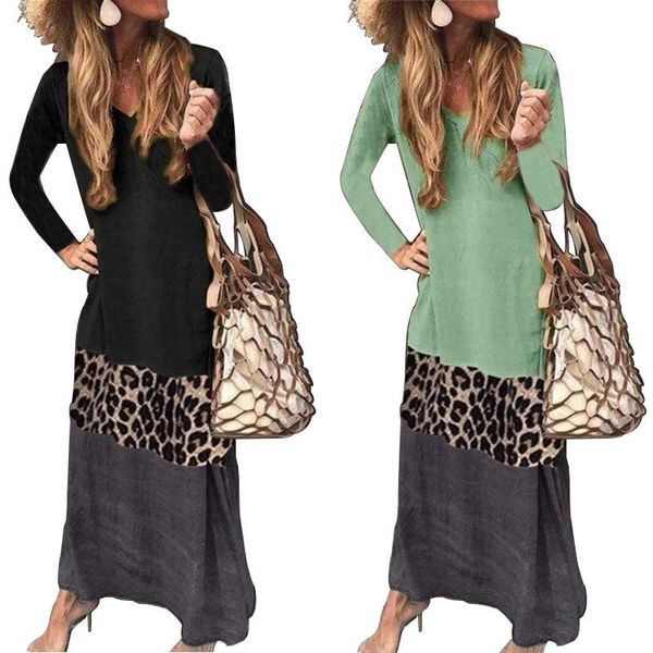 

casual dresses contracted loose bump color leopard splicing printed long-sleeved v-neck dress, Black;gray