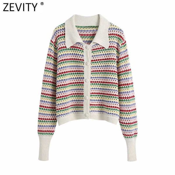 Zevity Frauen Regenbogen Gestreifter Druck Aushöhlen Häkeln Gestrickte Pullover Mantel Weibliche Chic Breasted Jacquard Cardigan Tops SW803 210603