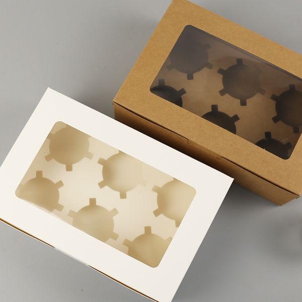 6 Grid Cupcake Boxen Weiß Braun Kraftpapier Tassen Kuchen Verpackungsbox mit Fenster Partei Weihnachten Lebensmittel Küche Zubehör