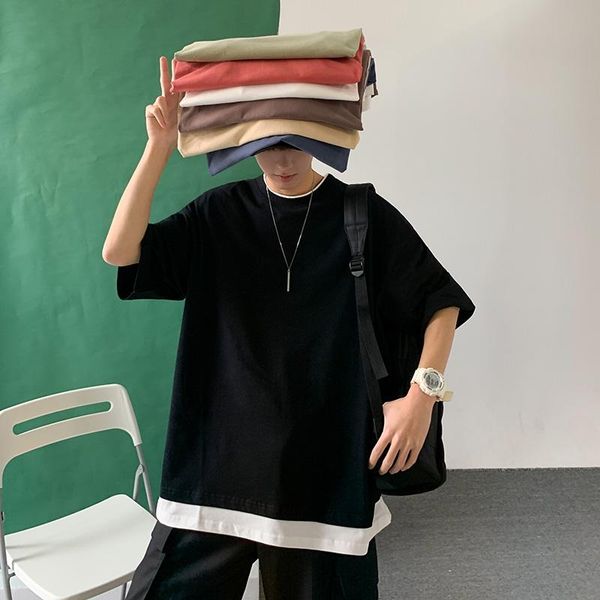 

men's t-shirts summer fake two pieces japanese clothes men short-sleeved loose shirts, White;black