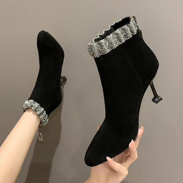 

boots 2021winter women's fashion pointed toe party lady high heel booties black bling ankle for women botas mujer