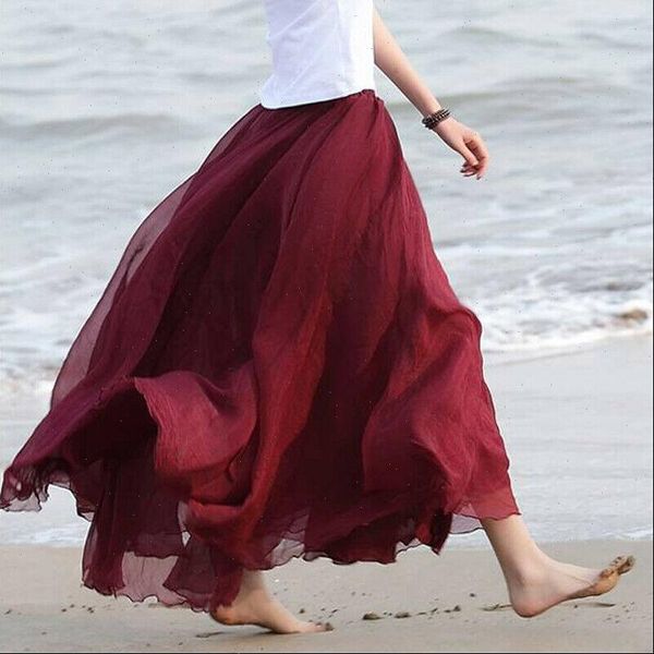 

sell long casual boho womens skirts double layer chiffon sundress beach maxi ropa mujer, Black