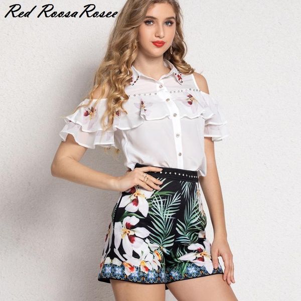 

women fashion turn down collar short sleeve blouse shorts suit women's two piece pants, White