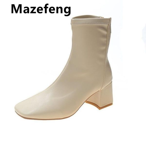 

mazefeng 2021 autumn winter patent leather retro square toe zipper ankle boots heel all match women shoes size 35-40, Black