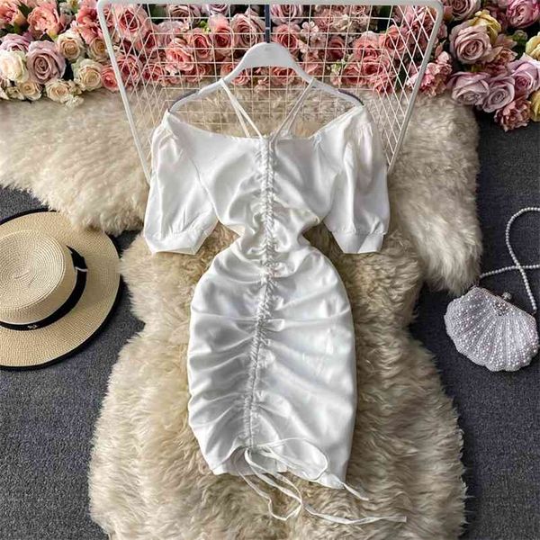 

summer style retro drawstring slash neck off-the-shoulder dress with waist and thin puff sleeve bag hip woman uk692 210506, Black;gray