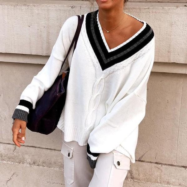 

women color block casual loose sweater autumn wild streetwear long sleeve v-neck stretch soft knitted pullover clothes women's sweaters, White;black