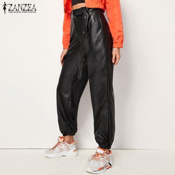

women's pants & capris stylish women's pu leahter 2022 overalls trousers casual belt high waist pantalon female solid turnip overs, Black;white